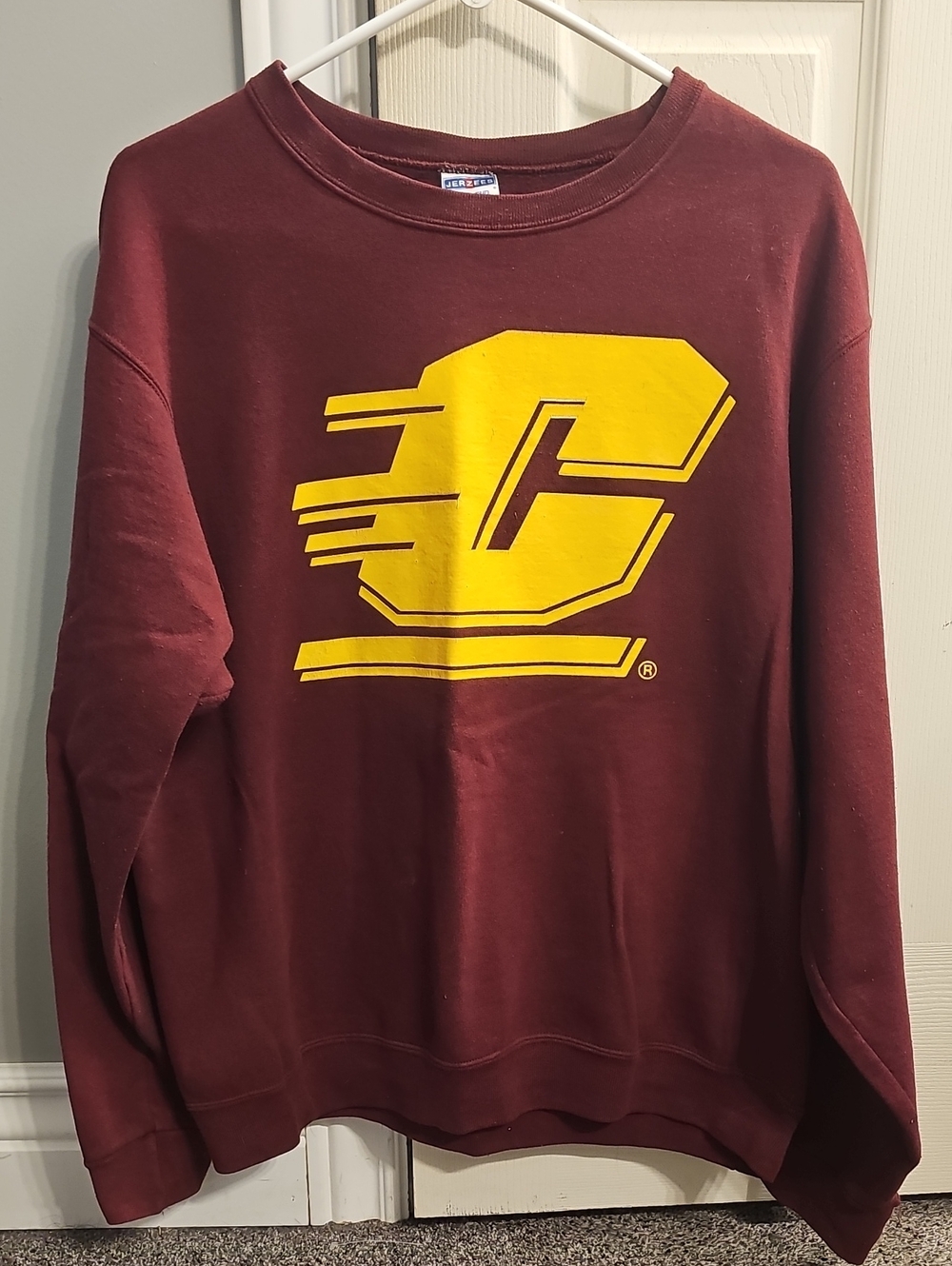 Jerzees Maroon Crewneck Sweatshirt with Yellow Logo